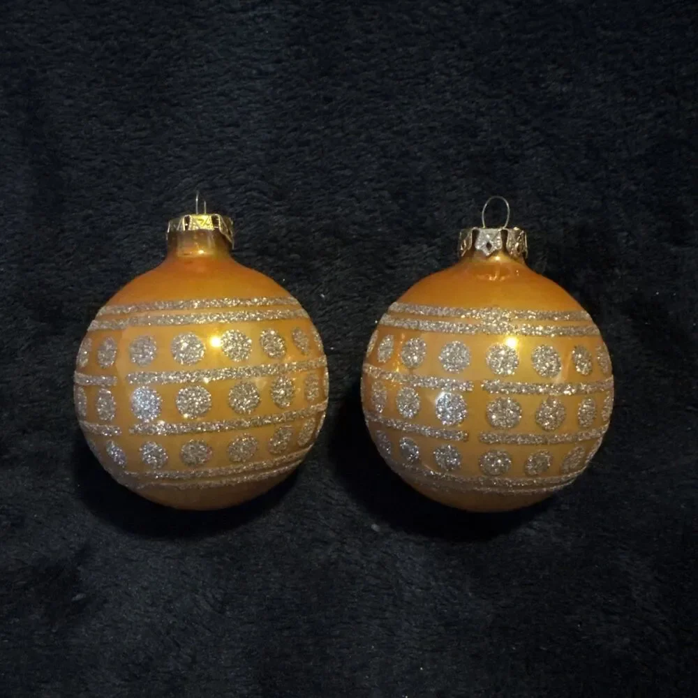 2 Vintage 50s Shiny Brite Gold Circle of Glitter Christmas Ornaments
